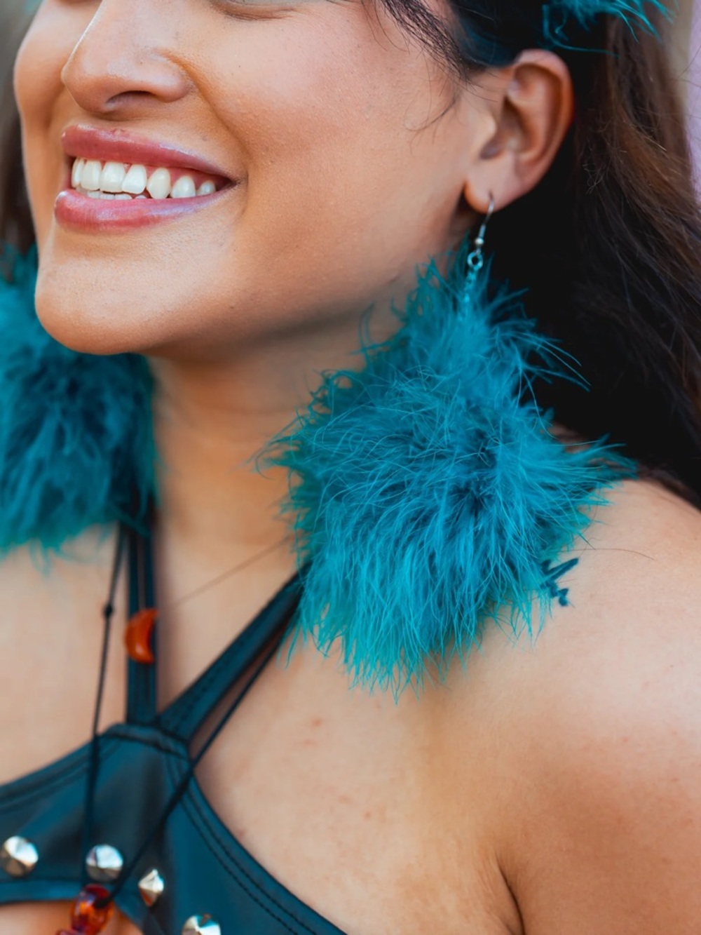 Festival/Rave Teal Fluffy Pom Pom Earrings